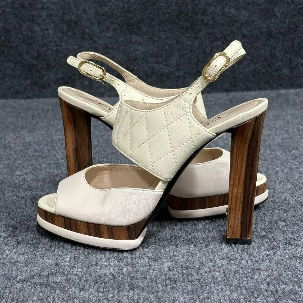 Chanel Platform Sandals Womens 36 White Matelasse Quilted Slingback Heel Italy